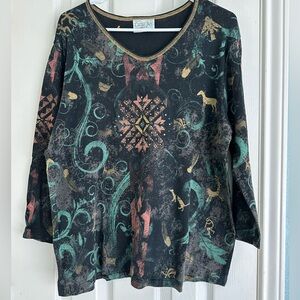 NWOT Cactus Bay Black Sz XXL Tribal Aztec Embellished 3/4 Sleeves Y2K Festival